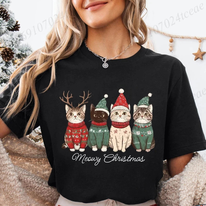 Meowy Christmas Cat Print Women Fashion T Shirt Girl O Neck GlowCart