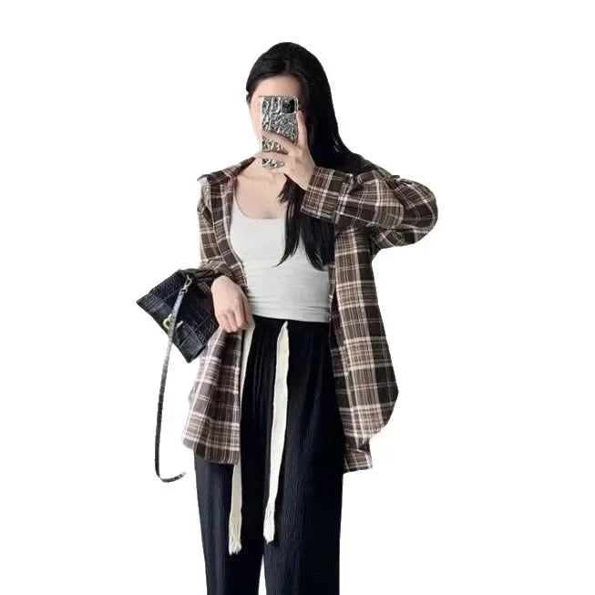 Caramel Plaid Long Sleeve Women's Shirt Casual Loose Style GlowCart