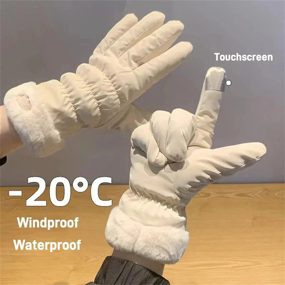 Ski Gloves Women Winter Fleece Thickened Warm Plush Cotton GlowCart