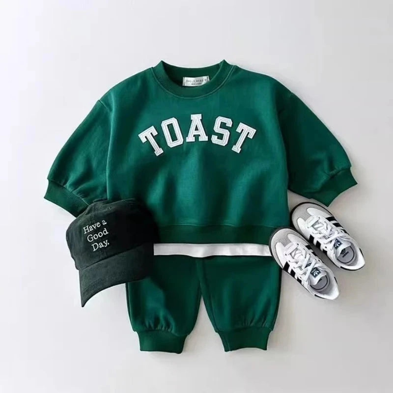 TZ2709 Korean Style Kids' Spring Autumn Casual Sports Outfit for Boys And Girls American Letter Hoodie And Pants Two-Piece Set GlowCart