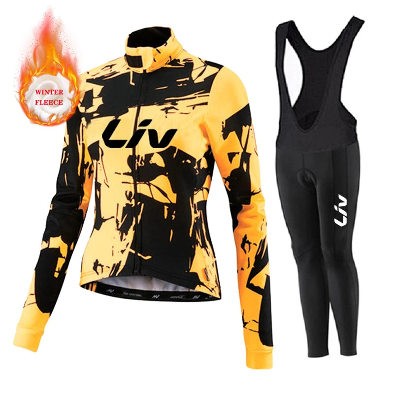Liv Women Team Winter Fleece Long Sleeve Cycling Jersey Set Mountian Bicycle Clothes Wear Ropa Ciclismo Racing Bike Jersey Suit GlowCart