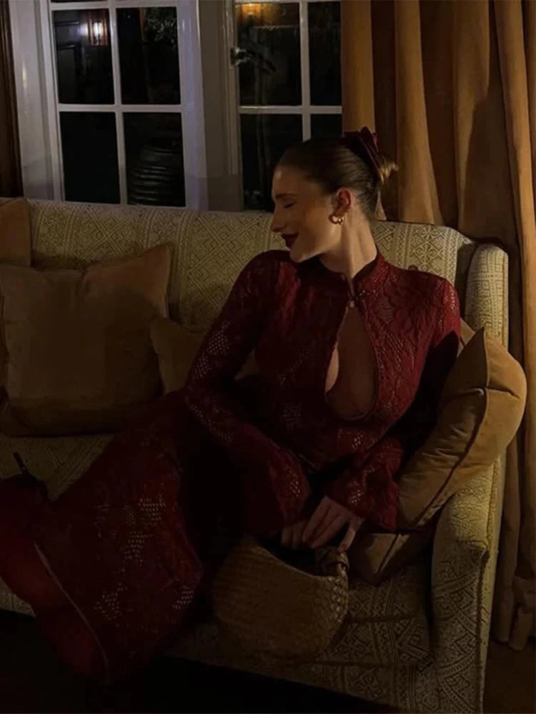 Fashion Lace Floral Midi Dress For Women Sexy Hollow Out GlowCart