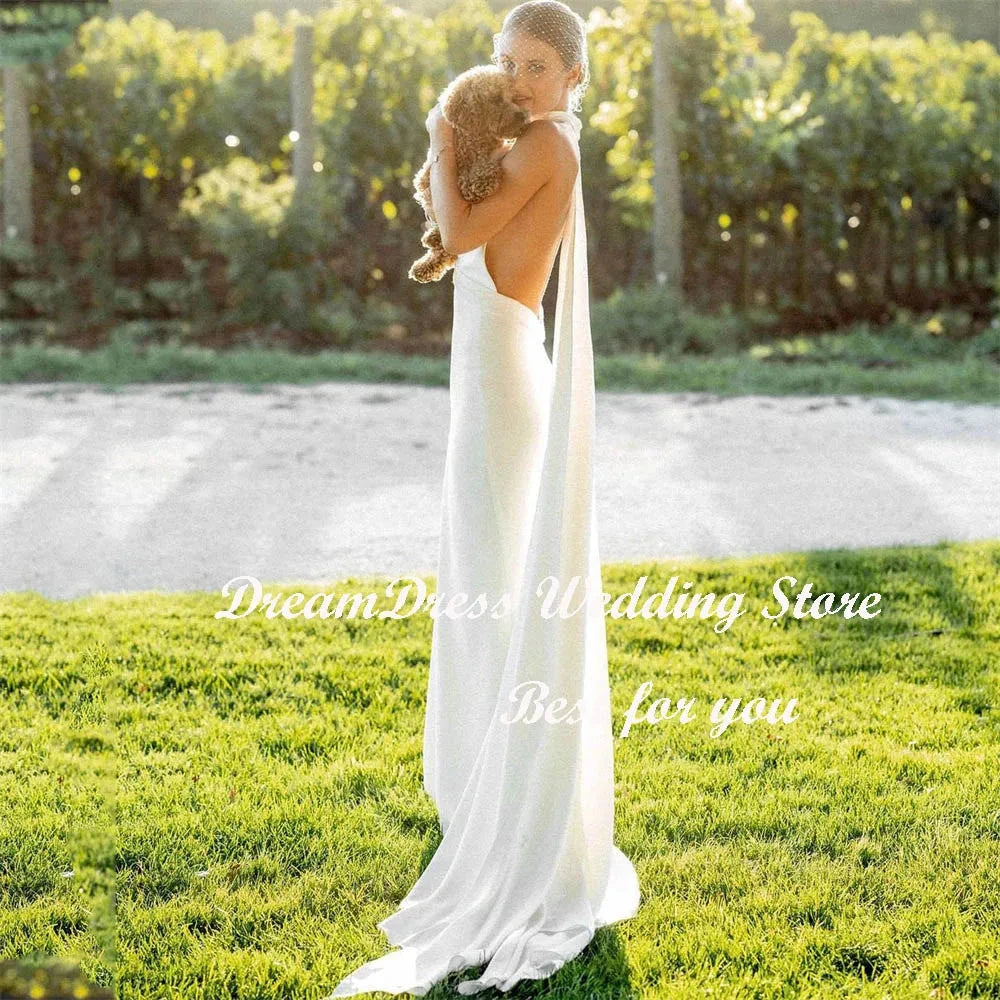 DREAM Customized Simple V-Neck Halter Mermaid Crepe Wedding GlowCart