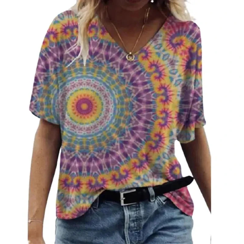 Women's T Shirts V-neck 3d Art Print Tops Loose Short Sleeve GlowCart