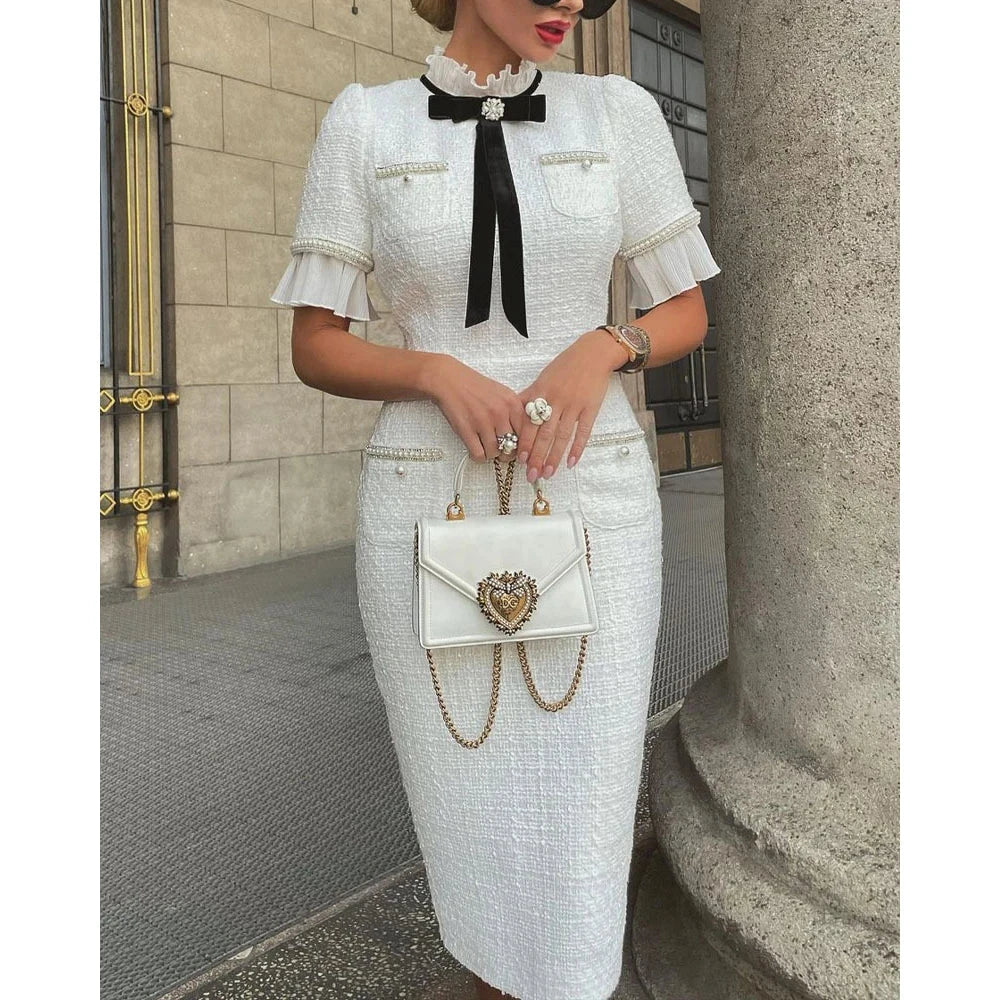 Elegant Womens dresses New Slim Round Neck Short Sleeves Bow GlowCart