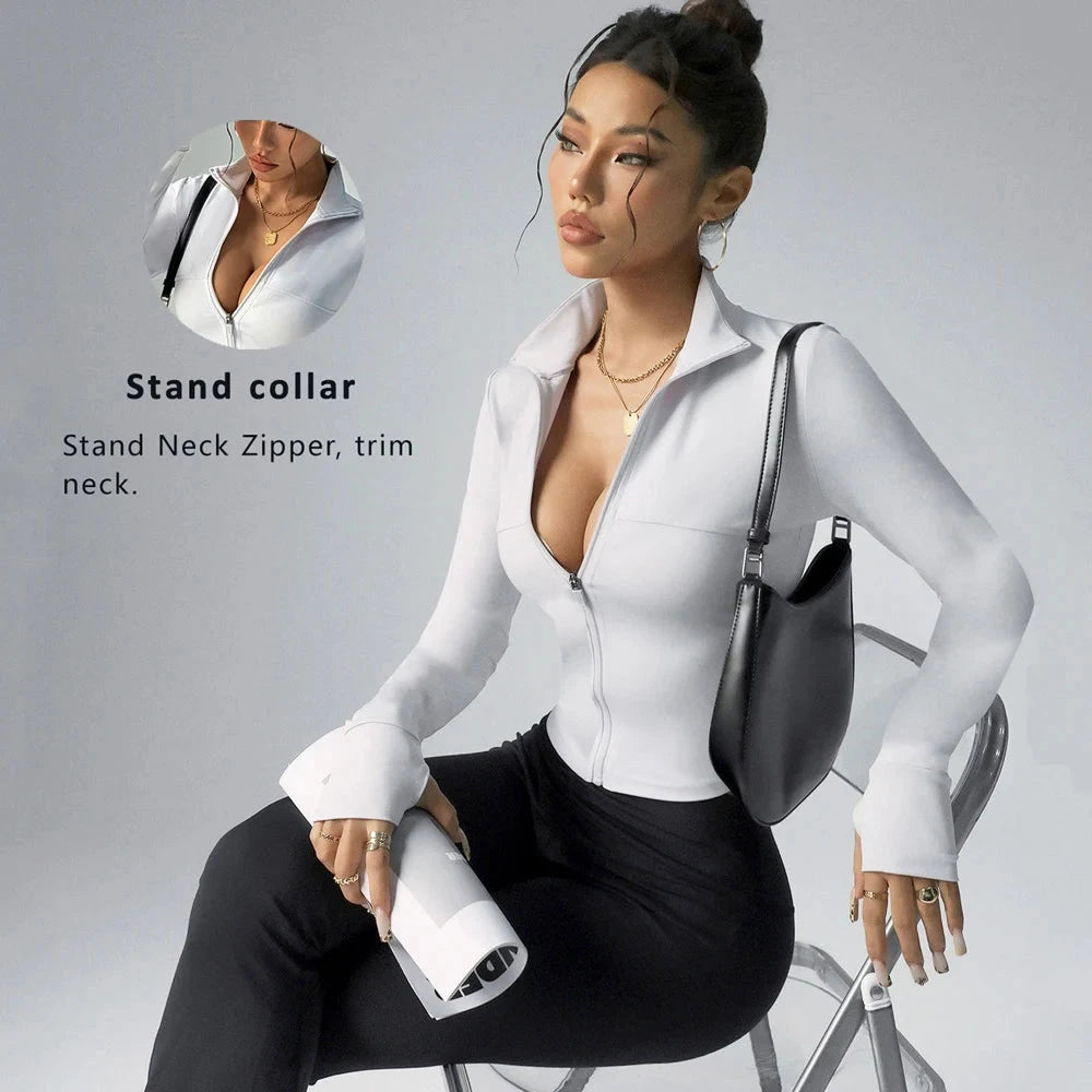 Seamless Zipper Jacket Women Crop Top Yoga T-shirts Solid Sports Top Long Sleeve Running Shirts Quick Dry Fitness Gym Sport Wear GlowCart