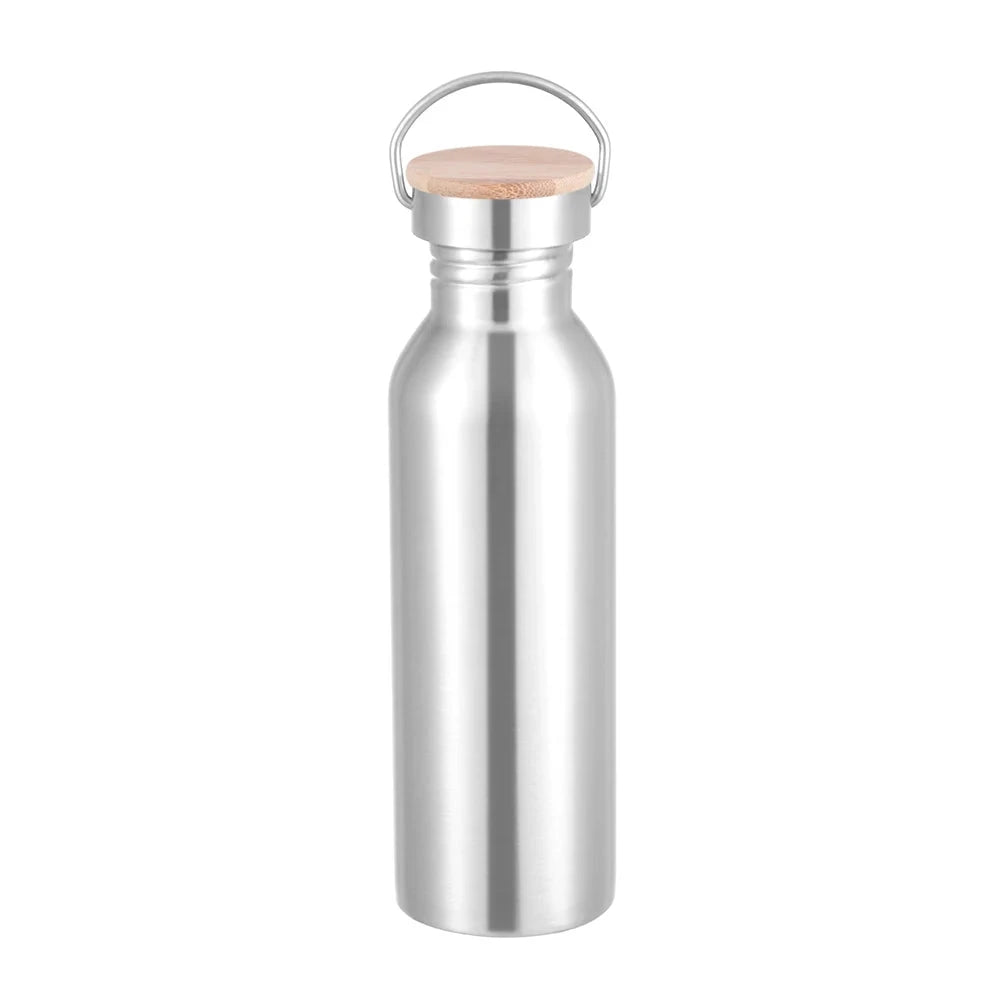Silver Single Wall Water Bottle 304 Stainless Steel Water Bottles Portable Leak-Proof Bamboo Lid Insulated Metal Flask GlowCart