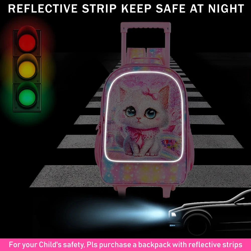 4PCS Rolling Backpack for Girls, Kids Cat Roller Wheels School Bookbag with Lunch Bag, Wheeled School Bag for Toddler Elementary GlowCart