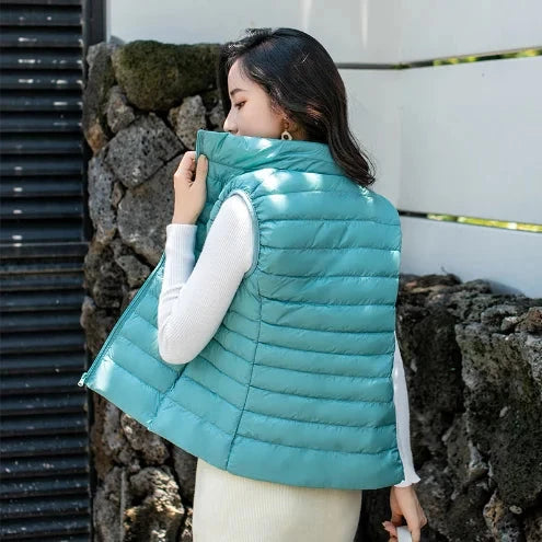 White Stand Collar Women's Sleeveless Down Vest Coat Winter GlowCart