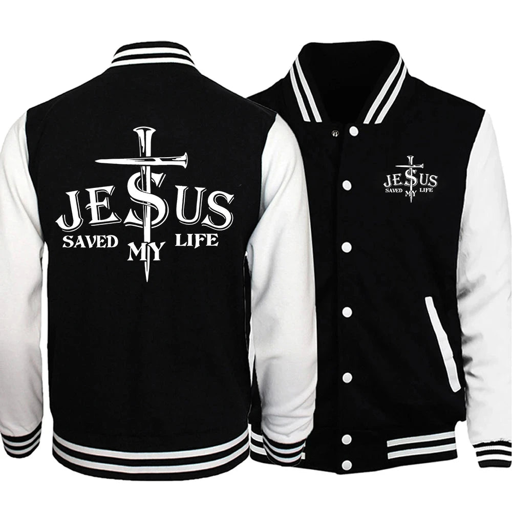 Jesus Saved My Life Letter Graphic Men'S Jackets Preppy GlowCart