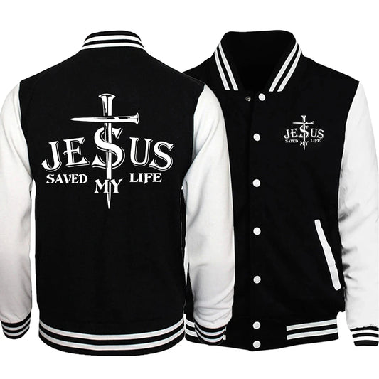 Jesus Saved My Life Letter Graphic Men'S Jackets Preppy GlowCart