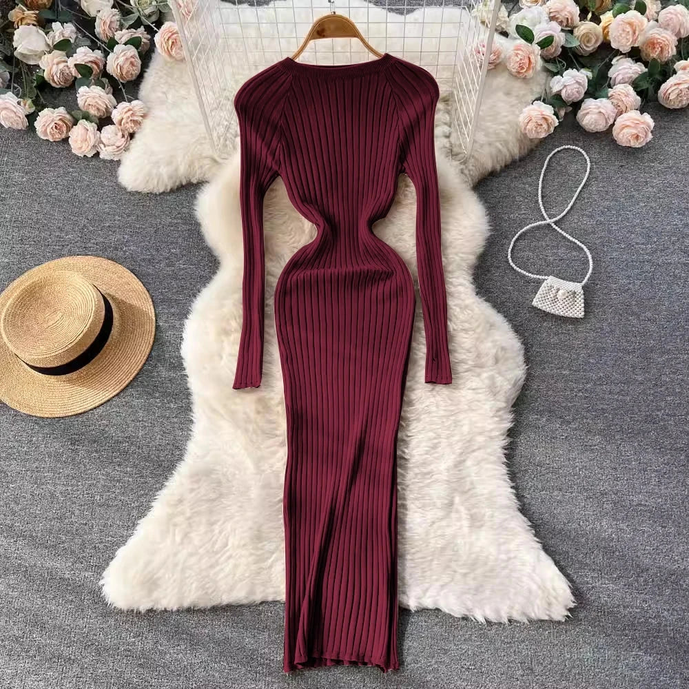 SINGREINY Winter Women Knit Maxi Dress O Neck Autumn Long GlowCart