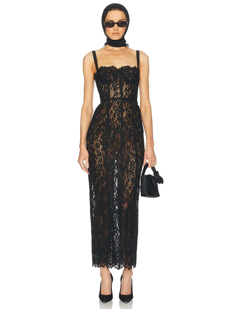 Sexy Spaghetti Strap V Neck Lace Long Dress Women Black GlowCart