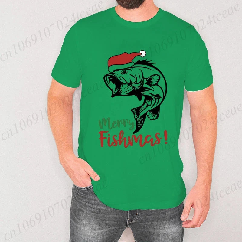 Fishing Christmas Men's T Shirts Merry Fishmas Print Tees GlowCart