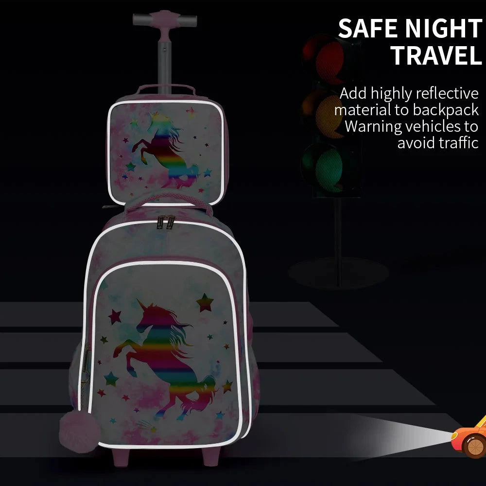 3PCS Rolling Backpack For Kids Wheeled School BookBag Golden Unicorn pattern design Glow-in-the-dark Function With Lunch Pen Bag GlowCart