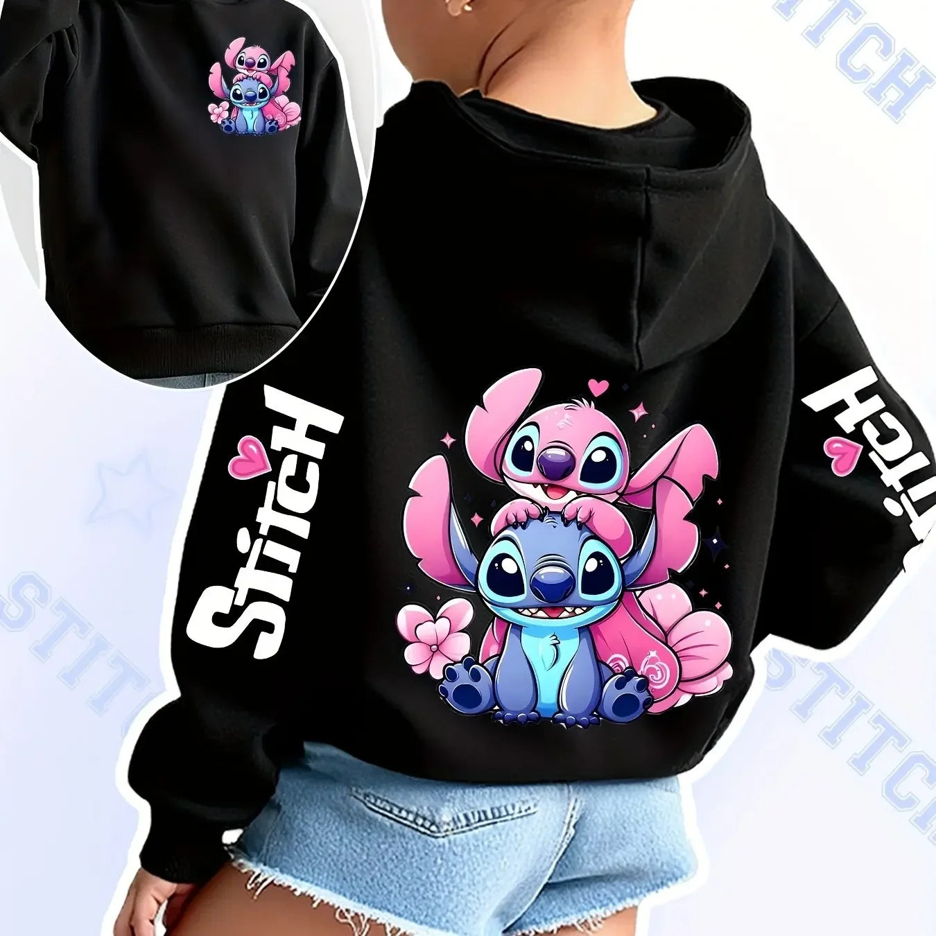 2025 Disney Hoodies Fashion Stitch Angel Monster Pocket Sweatshirt Pullover Cute Hoodies Girls Kids Sweatshirt Cartoon Tops Y2k GlowCart