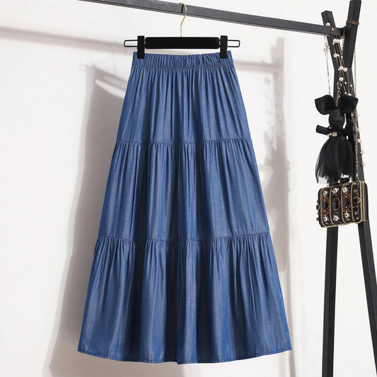 Soft Slik Denim Midi Skirt for Women Blue Jean Elastic Waist Tiered Flared Long Skirt Summer Vintage Casual Daily Outfit GlowCart
