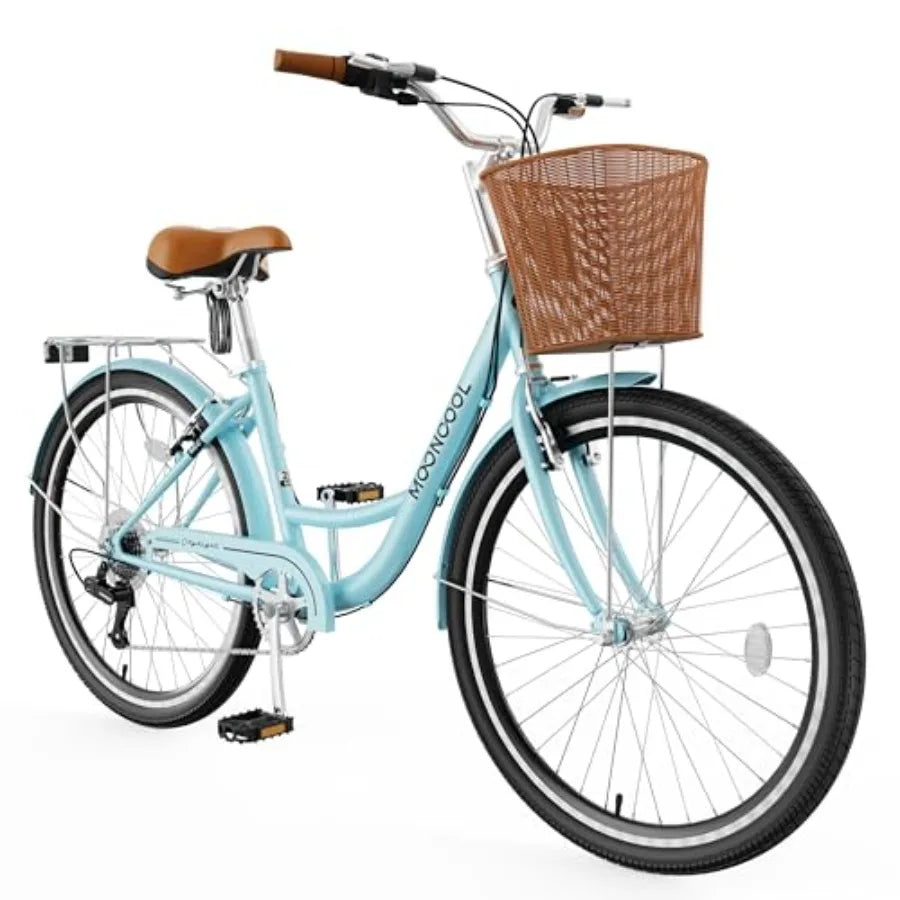 Womens Bike 7 Speed 24 26 inch Beach Cruiser Bikes for Women Step Through Adult Bicycle with Front Basket for City Commuting GlowCart
