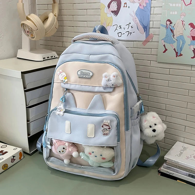 Cute Backpack School Bag Transparent Window Plush Puppy Cartoon Decor Large Capacity Nylon Zipper Adjustable Straps for Travel GlowCart