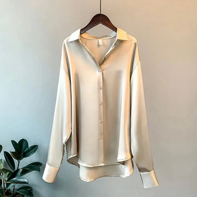 1pcs Woman Spring Autumn Satin Shirt Lady Long Sleeve Lapel GlowCart
