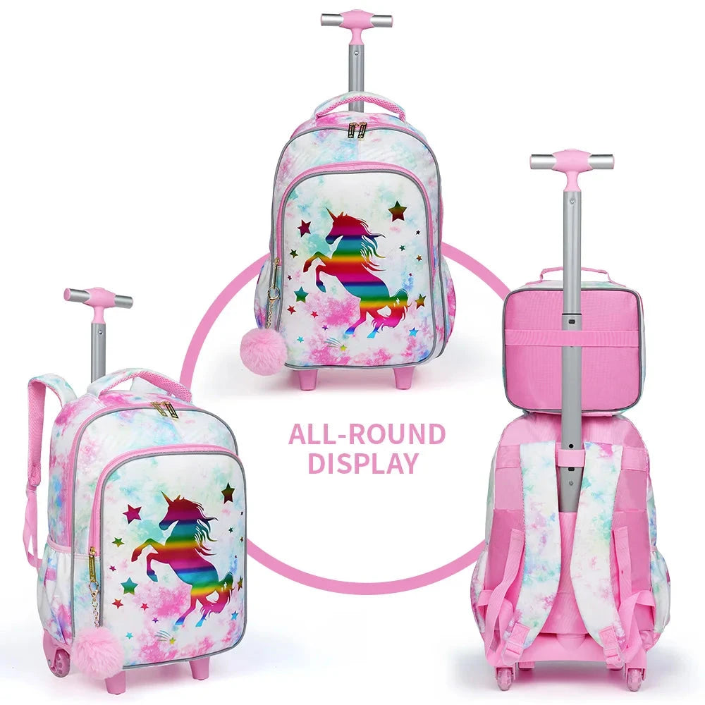 3PCS Rolling Backpack For Kids Wheeled School BookBag Golden Unicorn pattern design Glow-in-the-dark Function With Lunch Pen Bag GlowCart