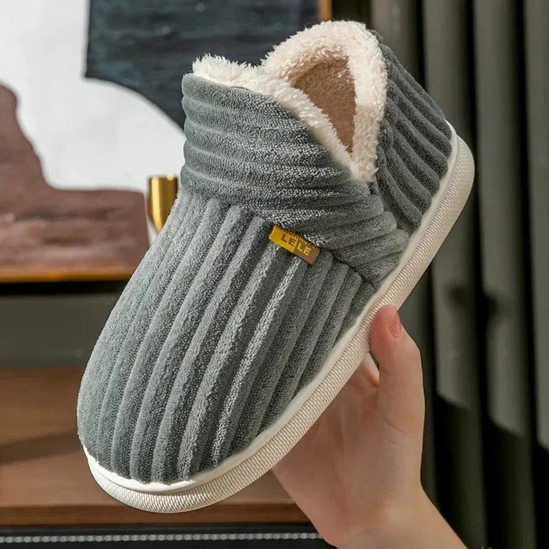 Winter Couple Style Concise Solid Color Wrap Heels Plush Slippers Non-slip Warm Flip Flops Women Men Home Casual Cotton Shoes GlowCart