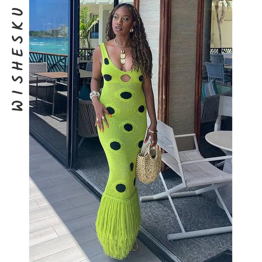 Knitted Hollow Out Tassel Splicing Dress Female Sleeveless O-neck Slim Sexy 2025 Summer Long Dresses Women Party Vacation Green GlowCart