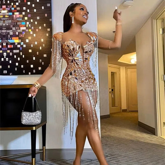 Short Golden Prom Dresses Luxury Black Girls Beaded Crystal with Tassel Birthday Cocktail Party Gowns Homecoming Customized GlowCart