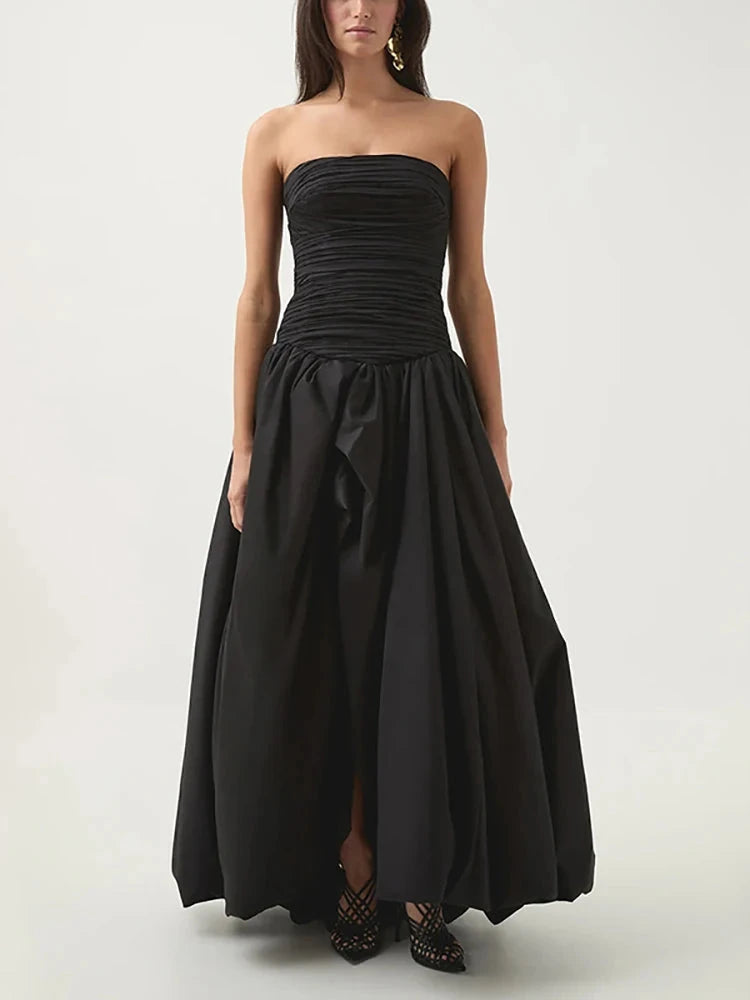 Sexy Strapless Printed Split Deign Long Bubble Dress Women GlowCart