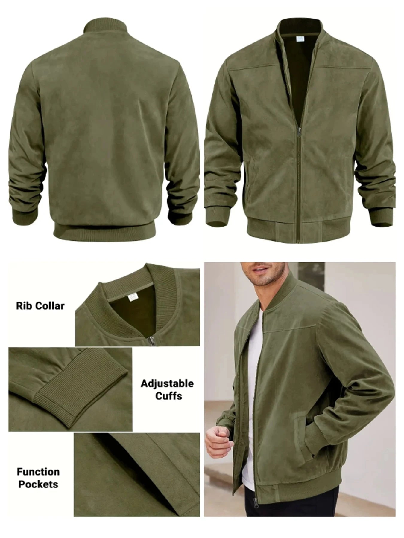 Men's suede nap fabric casual jacket Round neck zipper Solid GlowCart