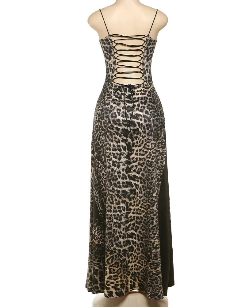 kliou Suspendency Maxi Dress Women Leopard Panelled Draped GlowCart