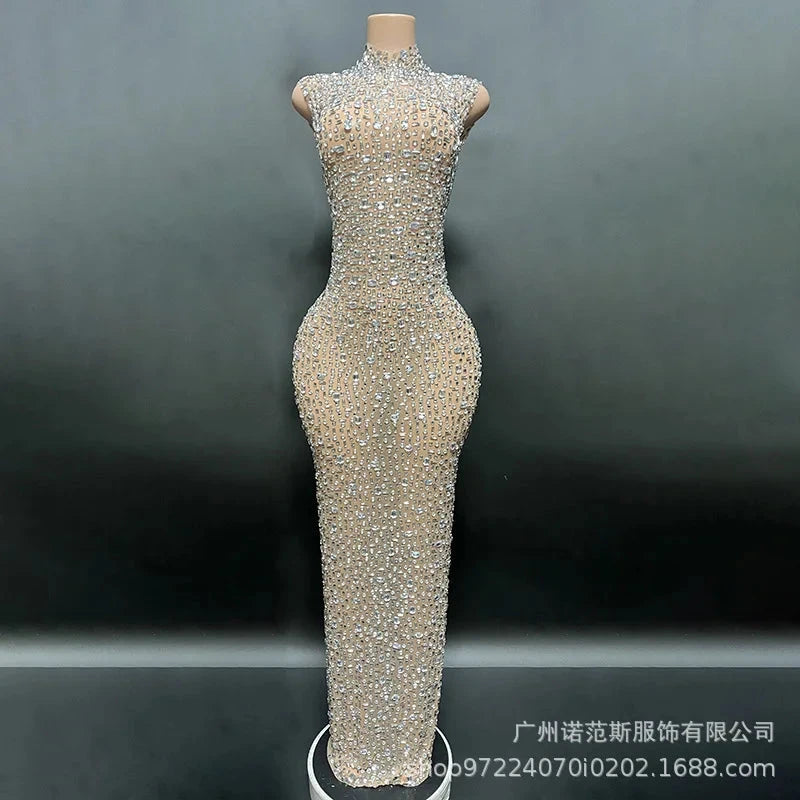 Sexy Full Drill Elastic Slim Fit Sleeveless Long Dress - Hip GlowCart