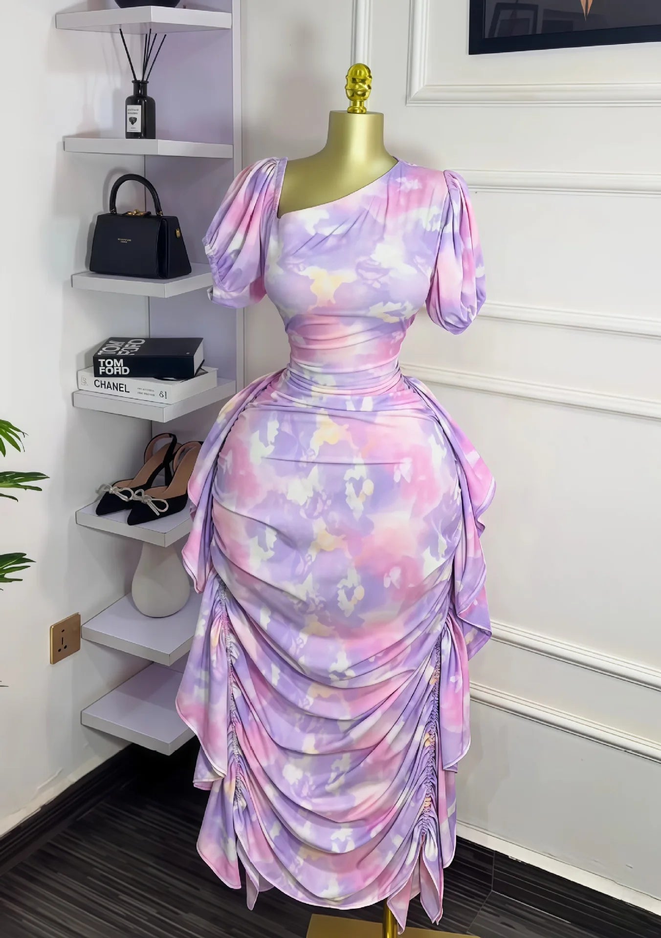 GLCMYAYA Women Tie Dye Printed Skew Neck Ruched Stacked Bodycon Midi Maxi Long Dress 2025 Vacation Holiday Sexy Vestidos Dresses GlowCart