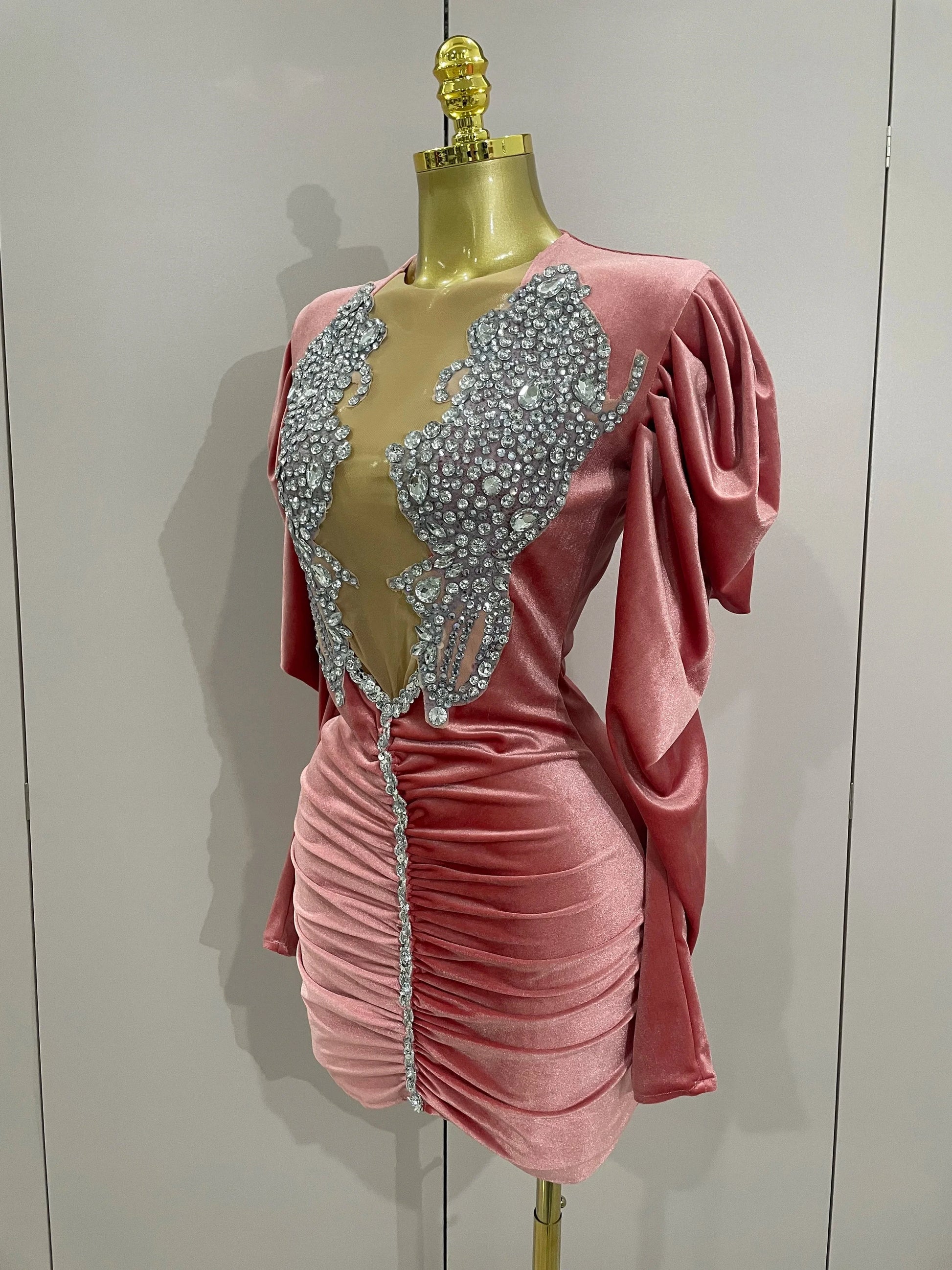 Luxury Sparkly Crystals Sexy Mesh White Velvet Short Dress GlowCart