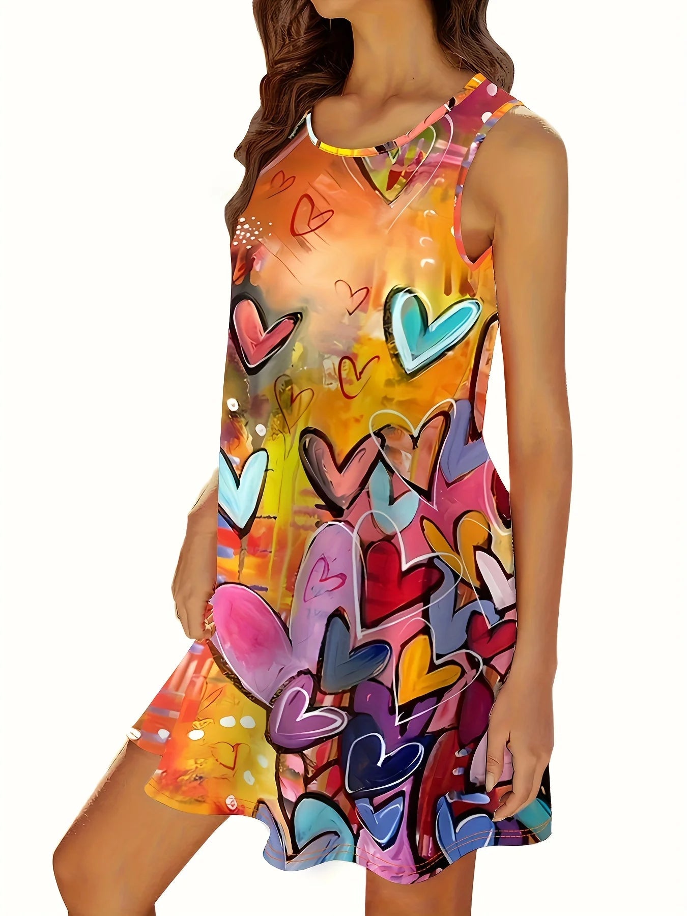 Summer Round Neck Sleeveless Elegant Love Dress Women'S Apparel Colored Geometric Heart Bohemian Women's Dress Female Clothing GlowCart