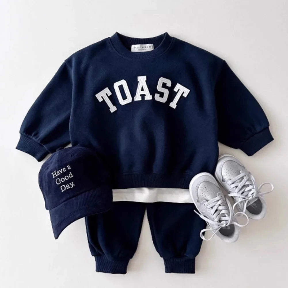 TZ2709 Korean Style Kids' Spring Autumn Casual Sports Outfit for Boys And Girls American Letter Hoodie And Pants Two-Piece Set GlowCart