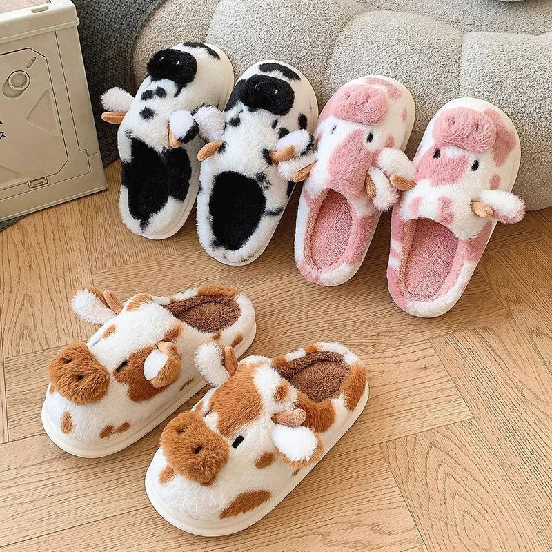 Women's Winter Warm Cartoon Cow Slippers Closed Toe Non Slip GlowCart
