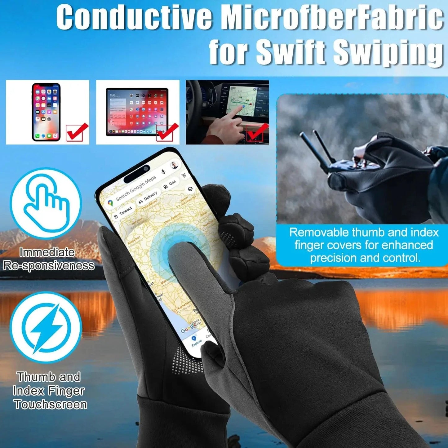 Men Winter Warm Gloves Waterproof Windproof Touchscreen Fleece Lined Thermal Anti Slip Gloves for Outdoor Cycling Hiking GlowCart