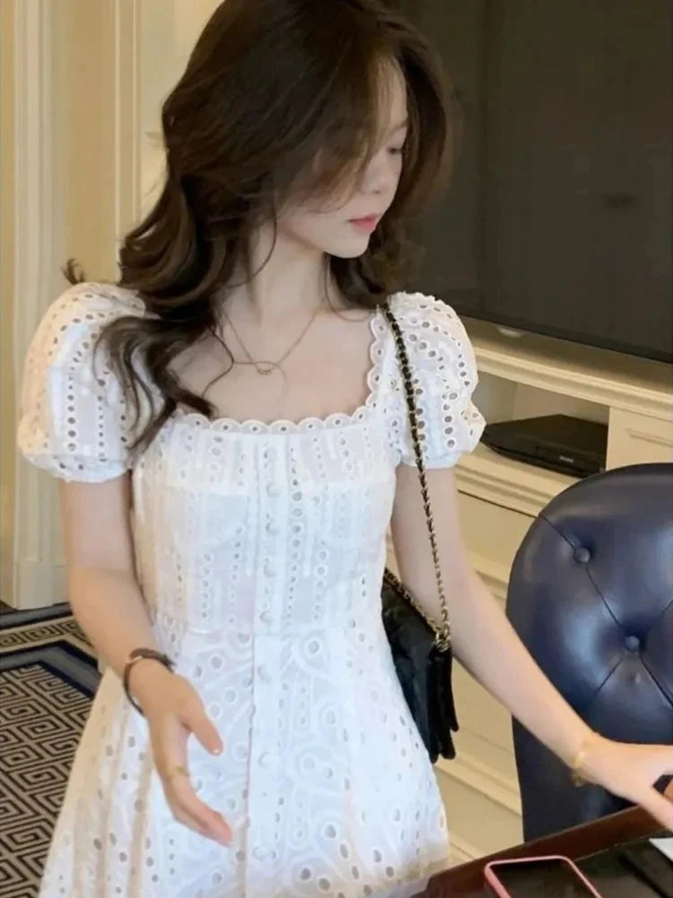 Korean Chic White Midi Dress Women French Hollow Out Sexy GlowCart