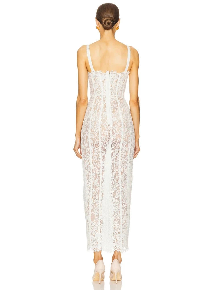 Sexy Spaghetti Strap V Neck Lace Long Dress Women Black GlowCart