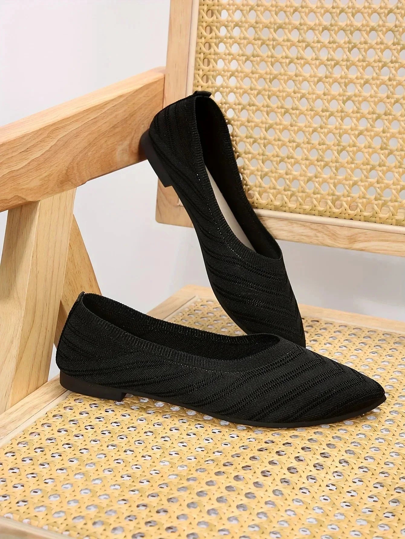 New 2024 Pointed Toe Flat Office Boat Solid Color Knitted GlowCart