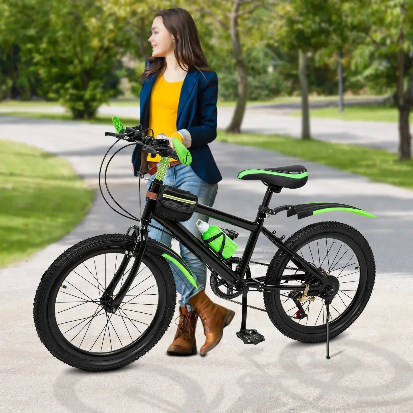 20 Inch Mountain Bike 7 Speeds Unisex Kids Bicycle Dual-Disc Brakes Height Adjustable MTB Boys Girls Bike with Kettle & Mudguard GlowCart