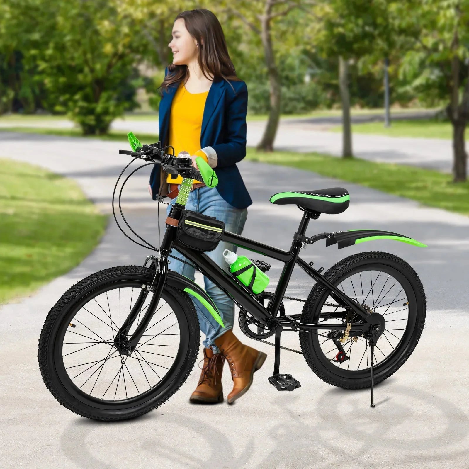 20 Inch Mountain Bike 7 Speeds Unisex Kids Bicycle Dual-Disc Brakes Height Adjustable MTB Boys Girls Bike with Kettle & Mudguard GlowCart