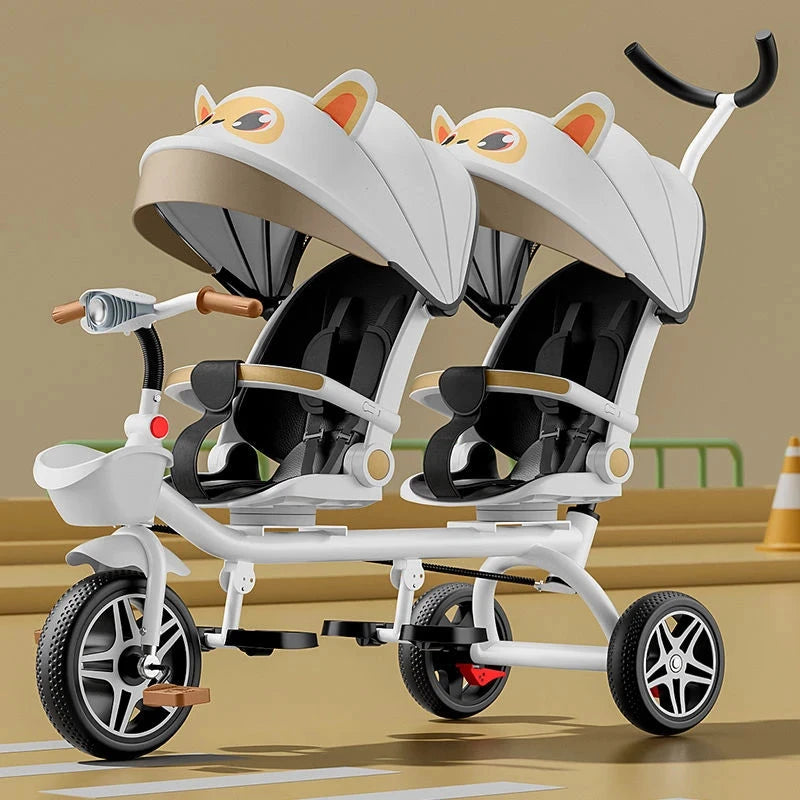 Multifunctional Twin Children's Tricycle Foldable Baby Bicycle Two-way Twin Baby Stroller Swivel Seat Double Stroller GlowCart