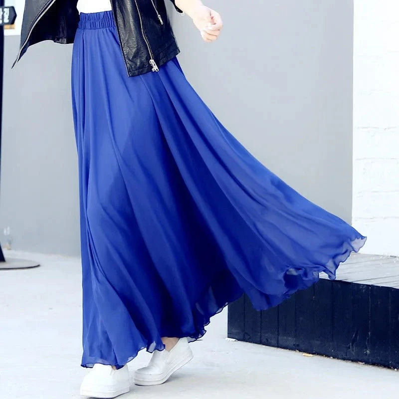 New Summer Chiffon Skirts Plus Size Full-Length Skirt High Waist Elegant Dance Skirt Pink Black Red Royal Blue White Long Skirts GlowCart