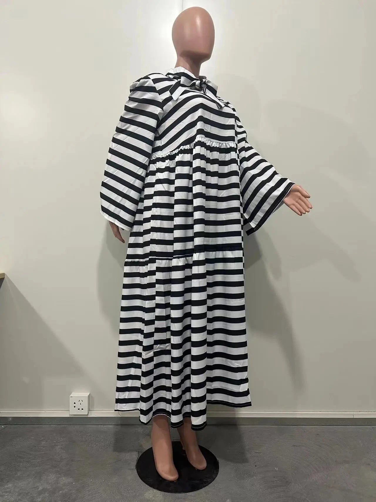 CM.YAYA Vintage Women Striped Bowknot Collar Long Sleeve GlowCart