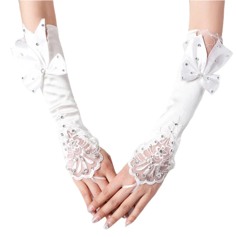 Elegant Ivory Lace Bridal Gloves with Rhinestone Bowknot GlowCart