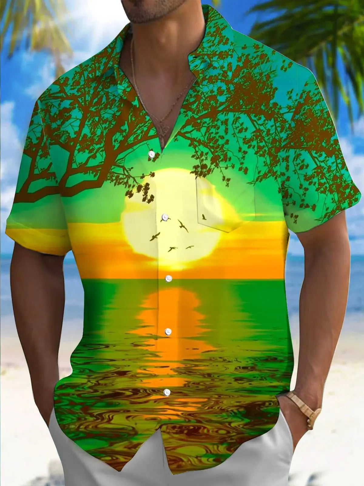 New Hawaii Spring/Summer Fashion Leisure Street Walk Tourist Beach Printed Full Open Short Sleeve Button Shirt, Quick Shipping GlowCart