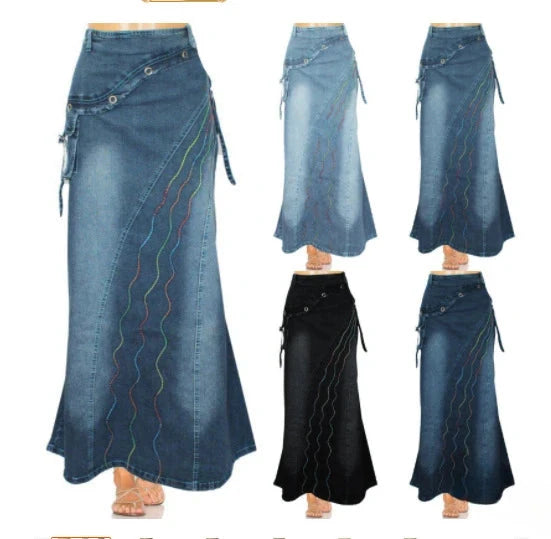 Long Skirt High Waist Vintage Print Women 2024 Autumn Temperament Patchwork Pocket Big Swing Female Denim Fishtail Skirts GlowCart