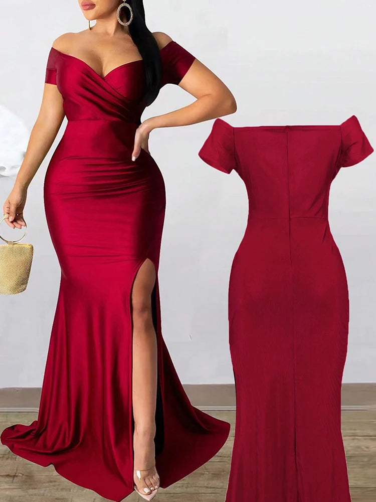 Classic High Slit Evening Dress Women Solid Maxi Long Dresses With Sleeves Wedding Bridesmaid Elegant Party Dresses 2025 Woman GlowCart